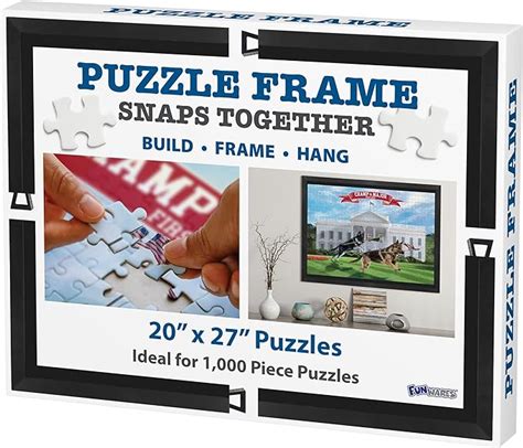 <strong>Frame</strong>: Black, 1” wide, snaps together & can be hung in either direction from hooks on back. . Puzzle frame 20 x 27